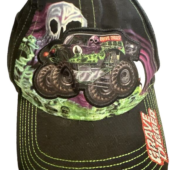 Grave Digger Monster Jam Hat Souvenir Cap Snapback Black Green Large Logo Script - Picture 7 of 8
